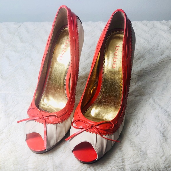 Bebe Capri Orange and Off-White Peep Toe Stilettos - Picture 3 of 9
